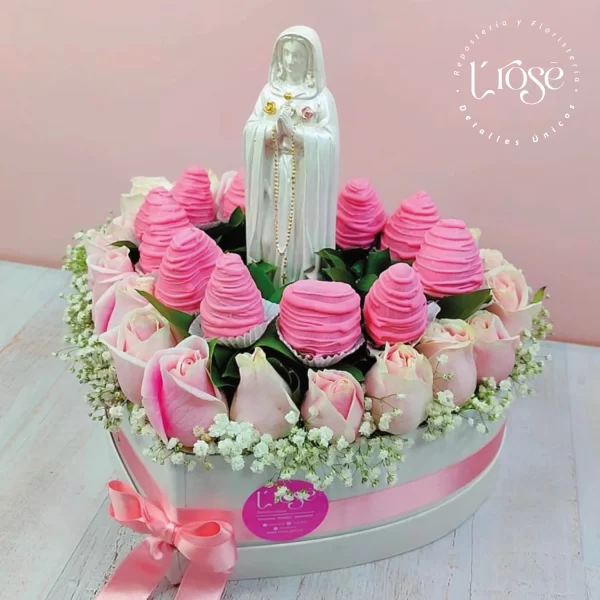 #157 Caja corazón con rosas, yisophilia, fresas con chocolate, angel marmolizado en urna de cristal - Imagen 2