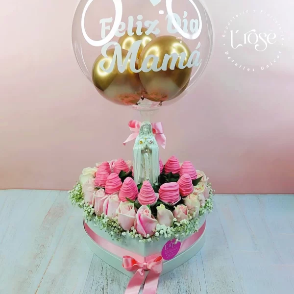 #157 Caja corazón con rosas, yisophilia, fresas con chocolate, angel marmolizado en urna de cristal - Imagen 3