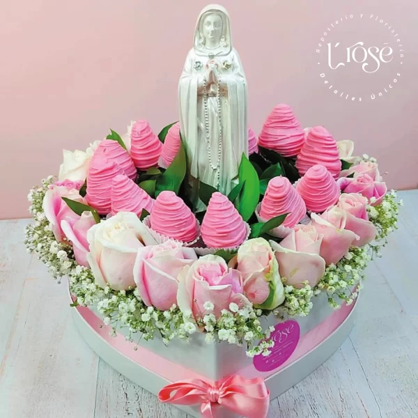 #157 Caja corazón con rosas, yisophilia, fresas con chocolate, angel marmolizado en urna de cristal - Imagen 4