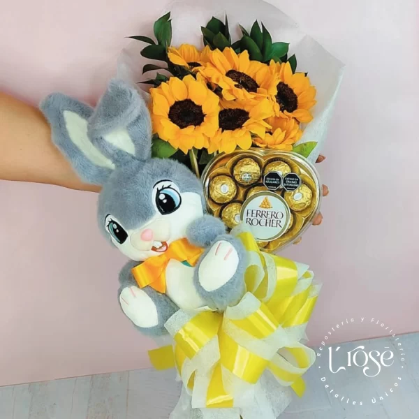 #505 Ramillete con girasoles, chocolates y peluche