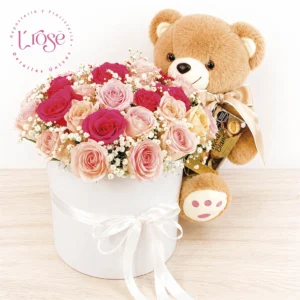 #4 Caja cilindro con rosas, peluche y chocolates