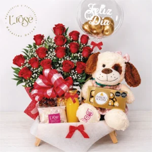 #26 Desayuno sorpresa con peluche, arreglo de rosas y globo burbuja
