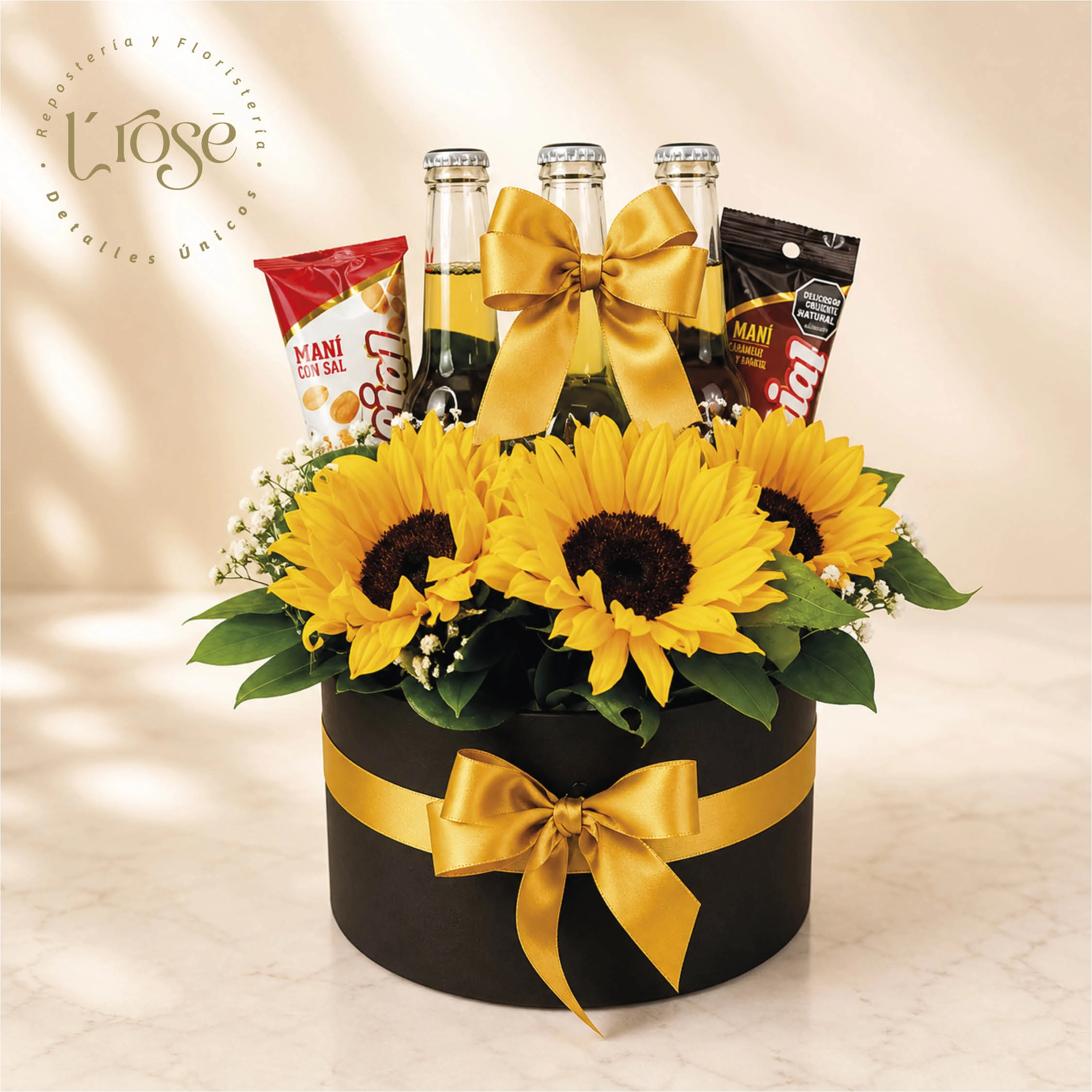 #39 Caja cilindro con girasoles, cervezas, manís y globo burbuja - Imagen 2