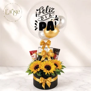 #39 Caja cilindro con girasoles, cervezas, manís y globo burbuja