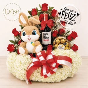 #67 Arreglo floral con vino, peluche, chocolates y mini globo