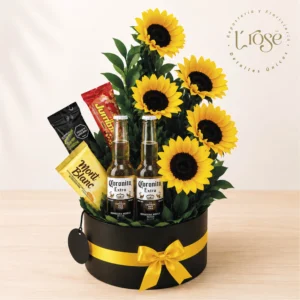 #325 Caja cilindro con girasoles, cervezas, chocolates y manís