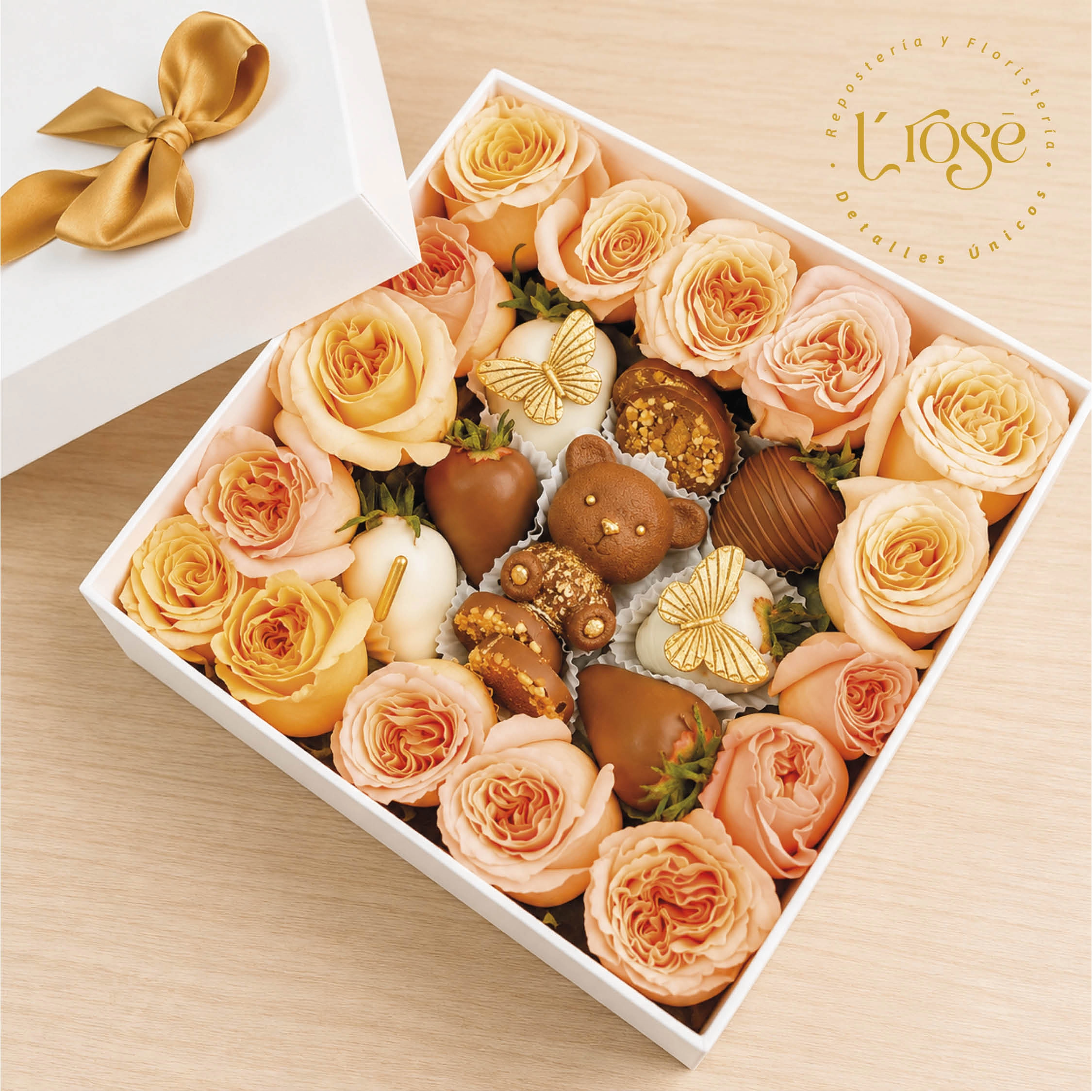 #213 Caja rosas con oso de chocolate y fresas con chocolate - Imagen 2