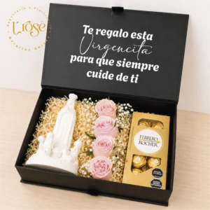#227 Caja libro con virgen, rosas y chocolates