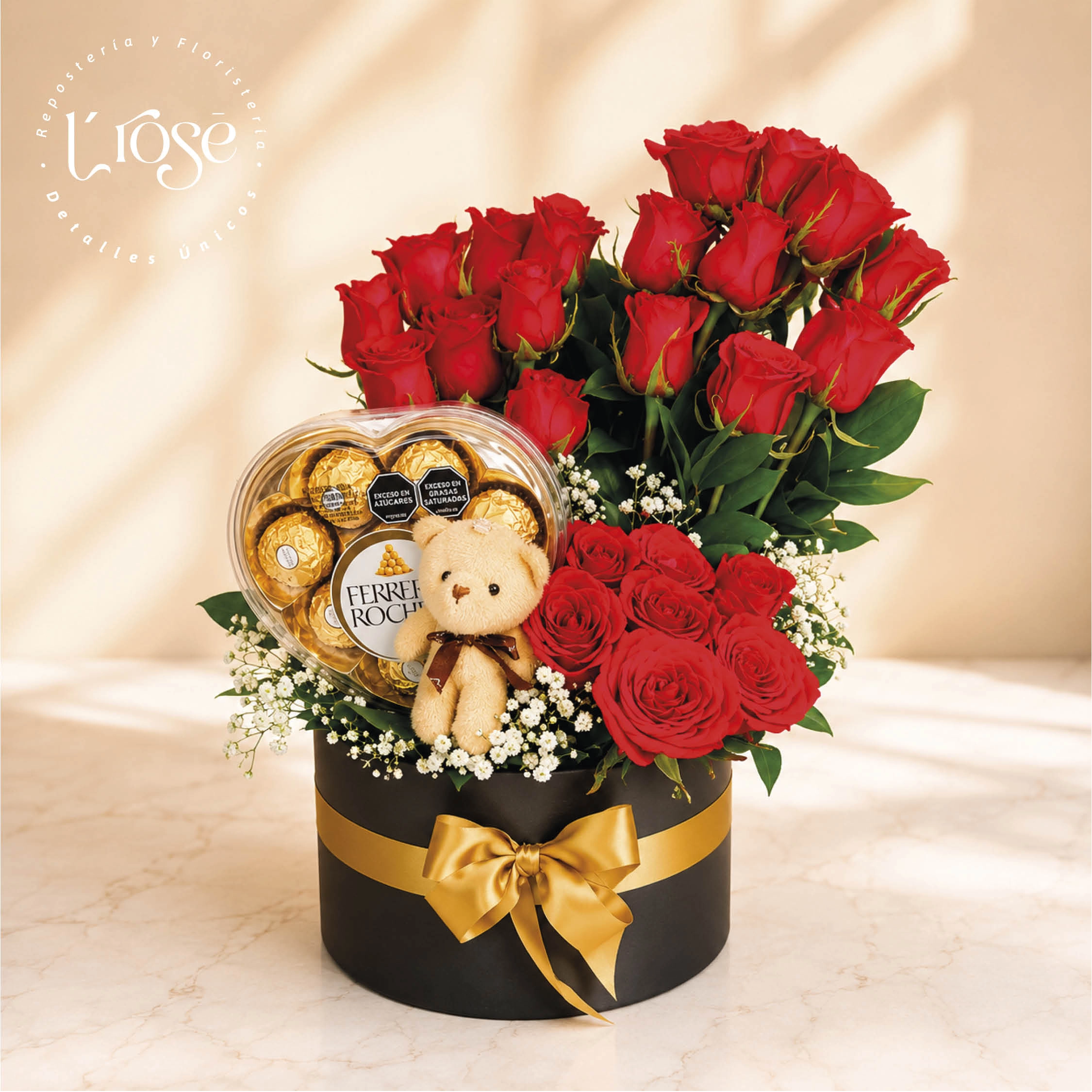#278 caja cilindro con rosas, chocolates y peluche llavero - Imagen 2