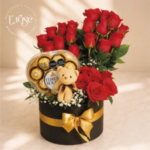 #278 caja cilindro con rosas, chocolates y peluche llavero