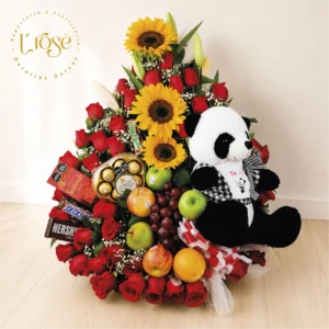 #282 Arreglo floral, frutas, chocolates y peluche