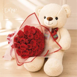 #285 Peluche con bouquet de rosas