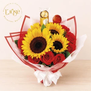#299 Bouquet de girasoles, rosas y chocolates
