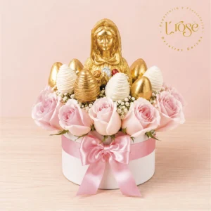 #301 Caja cilindro con rosas, fresas con chocolate y virgen marmolada