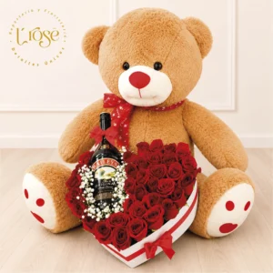#302 Caja corazón con rosas, Baileys y peluche