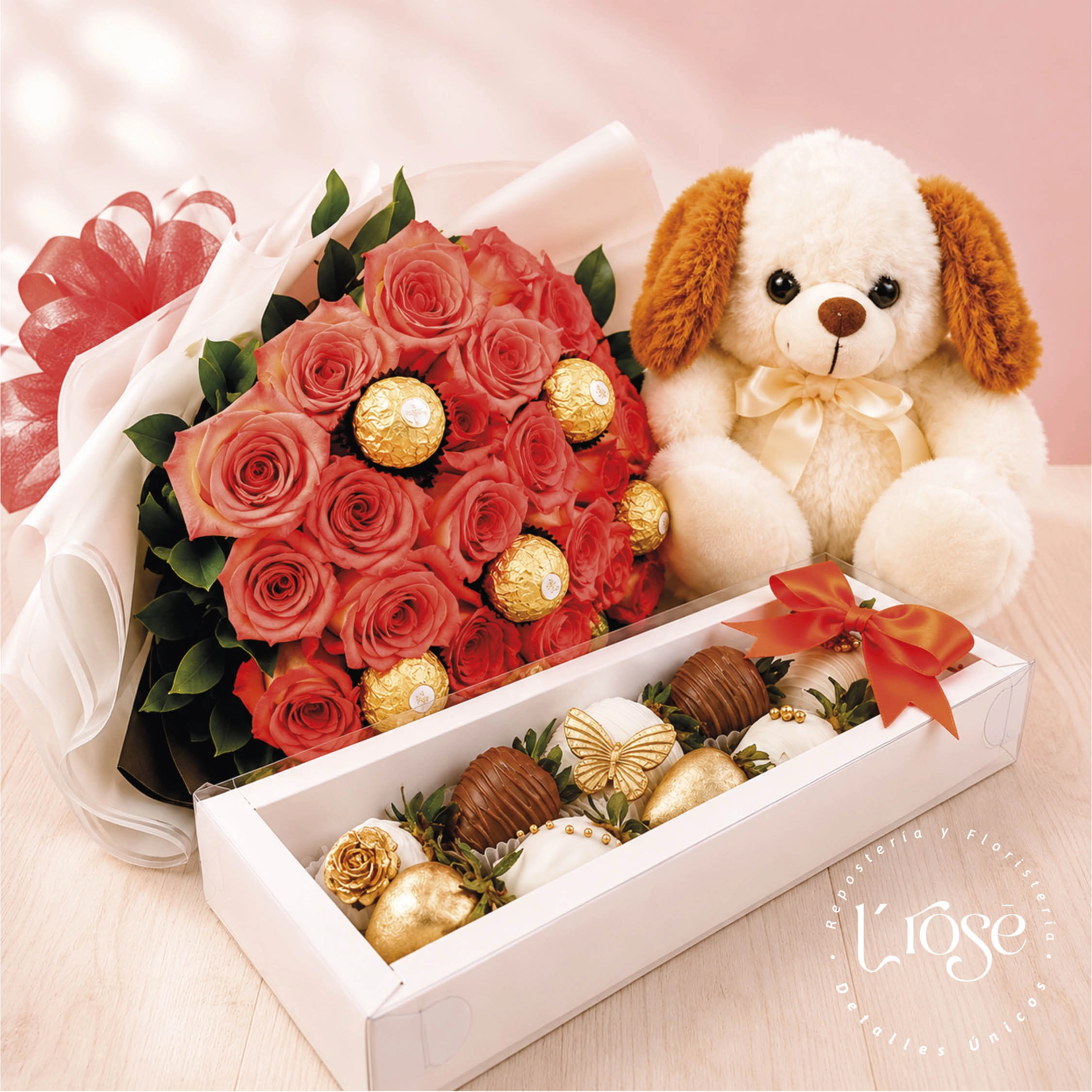 #349 Bouquet con rosas, chocolates, peluche y fresas con chocolates - Imagen 2
