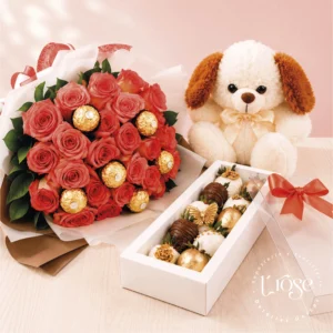 #349 Bouquet con rosas, chocolates, peluche y fresas con chocolates
