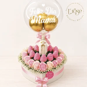 #157 Caja corazón con rosas, fresas con chocolate, globos y virgen