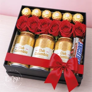 #215 Caja con rosas, chocolates y licor