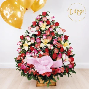 #437 Arreglo floral con globos