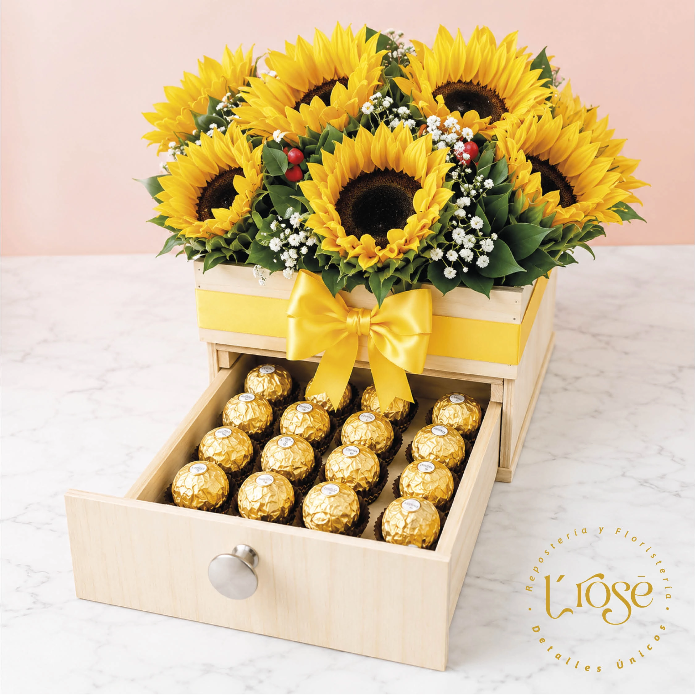 #389 Cajón con girasoles y chocolates