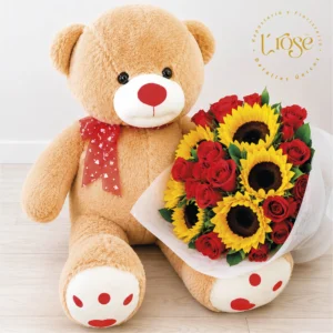 #406 Bouquet de rosas y girasoles con peluche