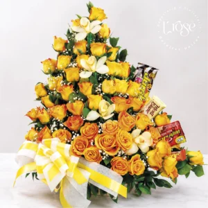 #412 Arreglo floral de rosas, orquídeas, yisophilia y chocolatinas