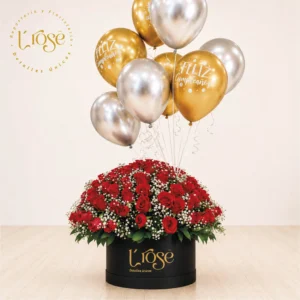 #416 Caja cilindro grande con rosas y globos con helio
