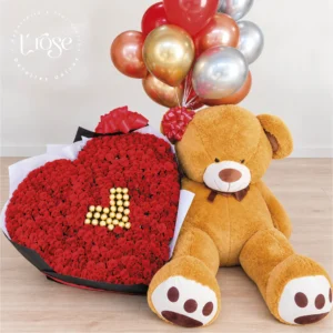 #504 Bouquet gigante de rosas con chocolates y oso con globos con helio