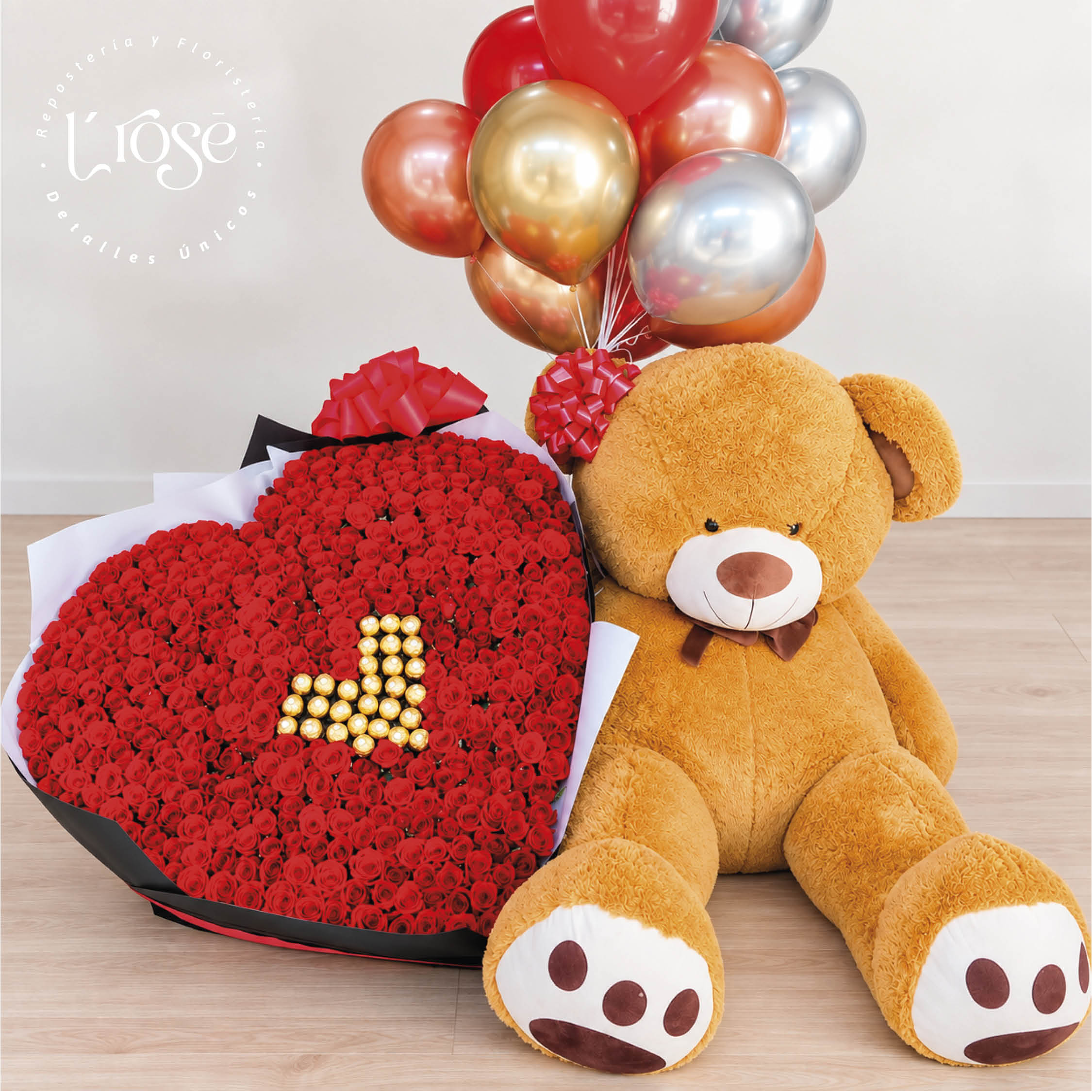 #504 Bouquet gigante de rosas con chocolates y oso con globos con helio