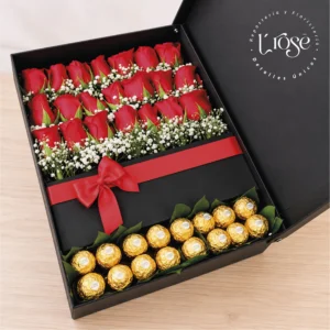 #506 Caja con rosas, chocolates y mensaje personalizado en caja