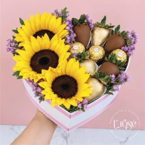 #516 Caja corazón con flores y chocolates