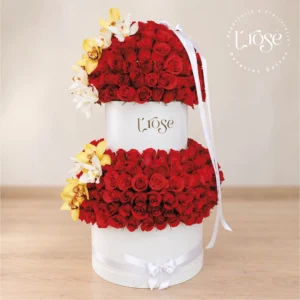 #470 Caja cilindro con rosas y orquideas