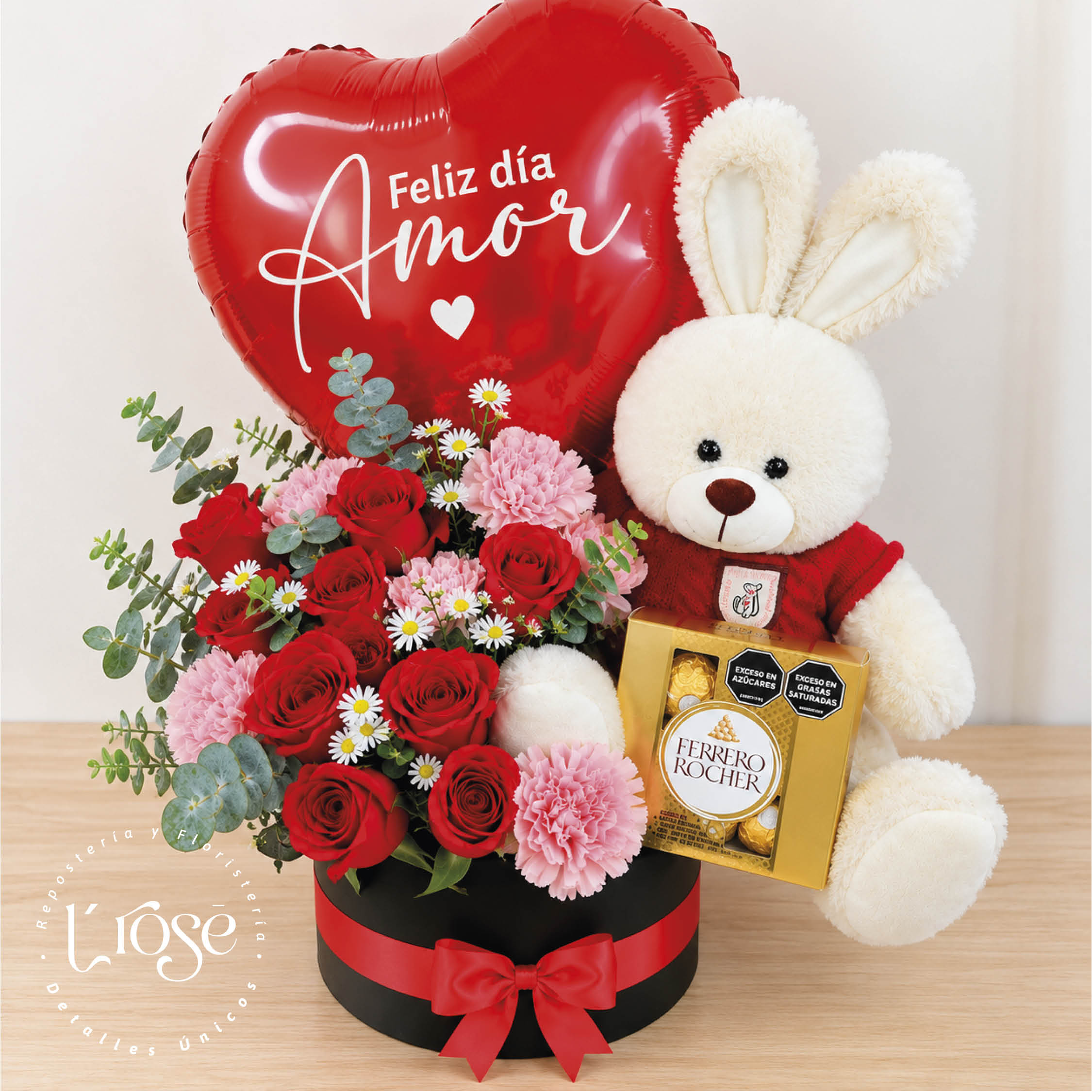 #480 Cilindro mediano con peluche, chocolates y globo