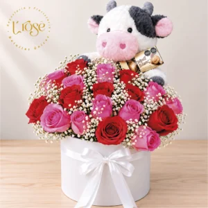 #4 Caja cilindro con rosas, peluche y chocolates