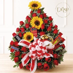 #503 Arreglo floral con rosas, girasoles y chocolates