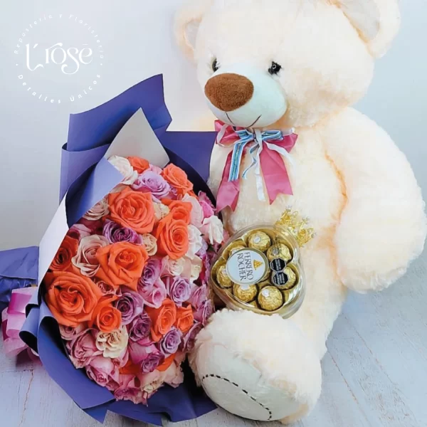 #521 Peluche con bouquet de rosas y chocolates