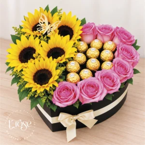 #545 Caja Corazón grande con flores y chocolates