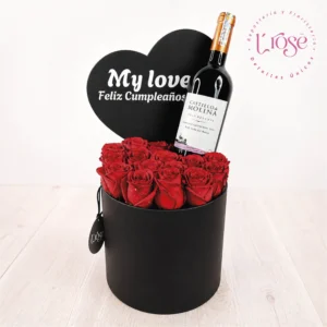 #95 Caja cilindro con rosas y vino