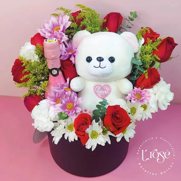 #156 Caja cilindro con flores, licor y peluche - Imagen 3