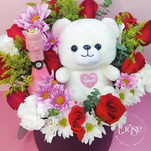 #156 Caja cilindro con flores, licor y peluche