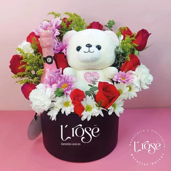 #156 Caja cilindro con flores, licor y peluche - Imagen 2