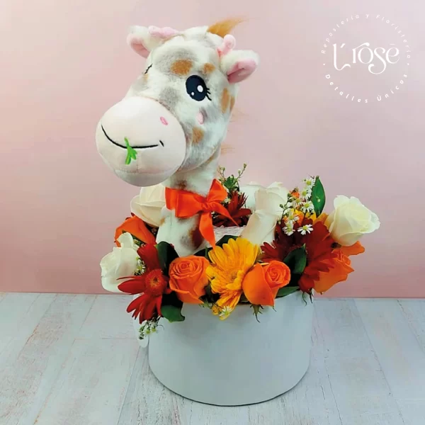 #258 Caja cilindro con flores, peluche y globo burbuja - Imagen 2