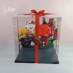 #508 Caja de frutas, flores y vino