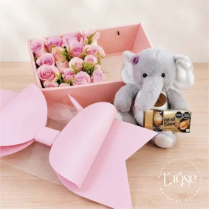 #511 Caja con rosas, peluche y chocolates