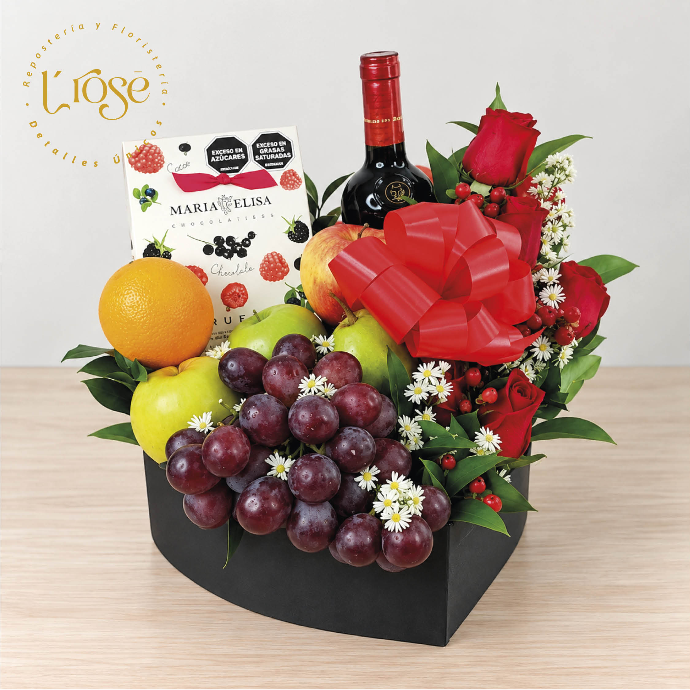 #508 Caja de frutas, flores y vino