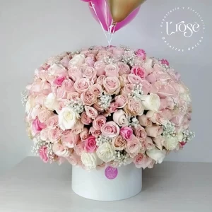 #561 caja cilindro con rosas y globos